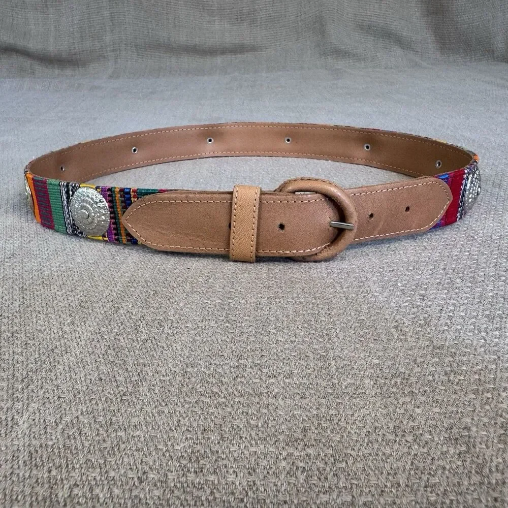 Vintage Boho Leather Belt Handwoven Medallion Belt Hippie Guatemala Sz S 553